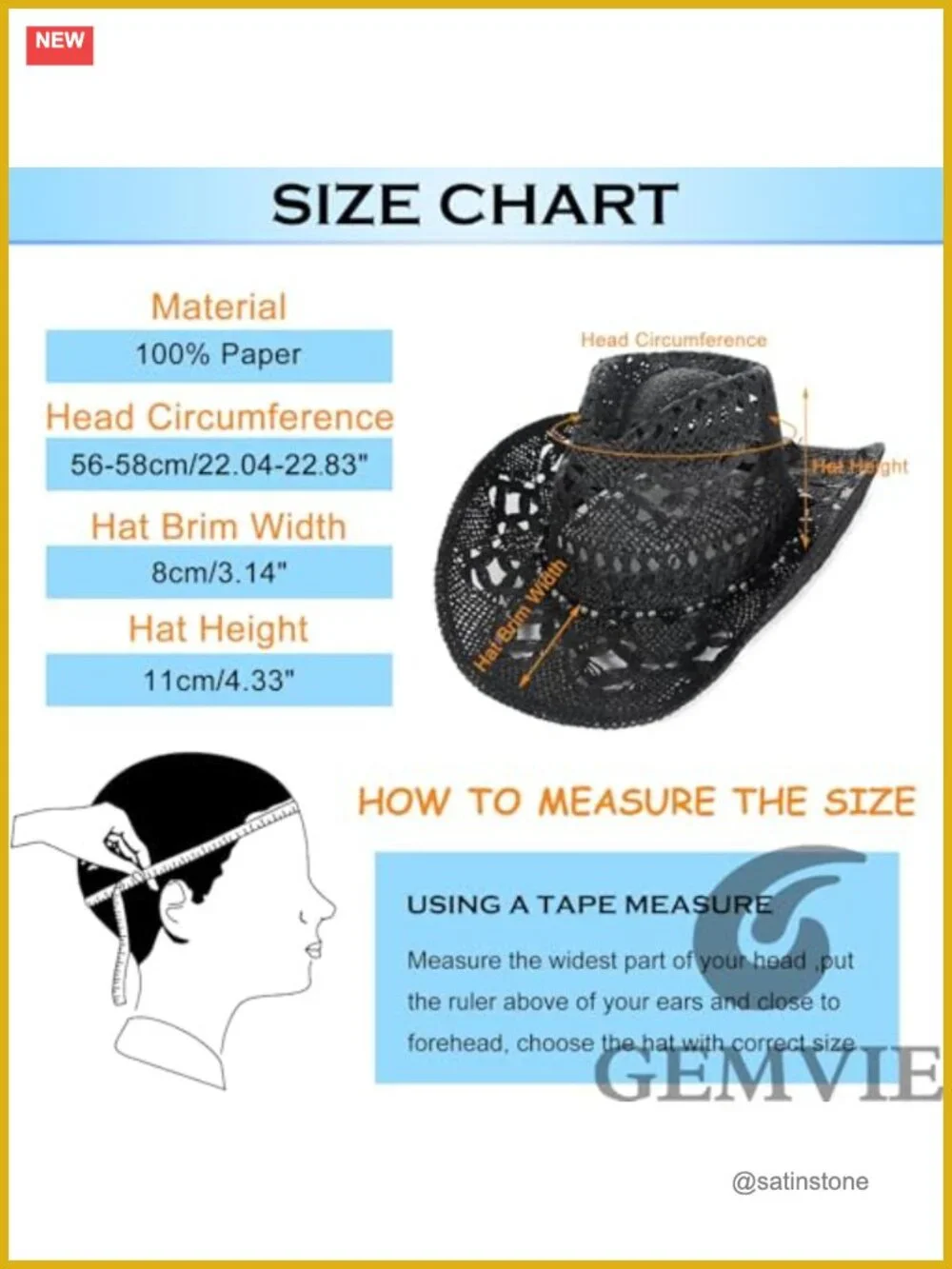 Straw Cowboy Hat with Gem Band UPF 50+ Sun Protection Wide Brim